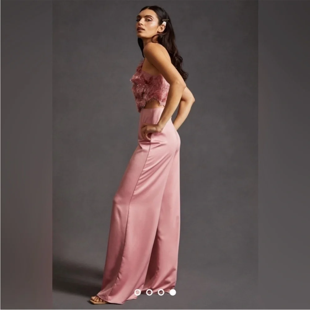 Anthropologie Hutch pink open side feathered jumpsuit, NWT 8 romper wide leg
